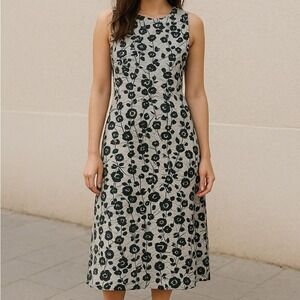 Max Mara Women's Dress Size 2 Crinkle Silver Black Abstract Floral Drape Neck